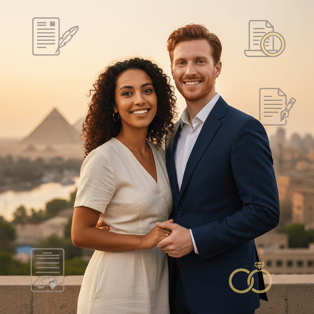 الدليل الشامل: توثيق عقد زواج الأجانب في مصر 2024 2 A professional photo of a diverse couple, one appearing Egyptian and the other with distinct foreign features, happily standing in front of a subtly blurred background of Cairo's iconic skyline (e.g., pyramids or the Nile). They are holding hands, and a faint overlay of legal document icons or a pen signing a paper suggests the legal aspect of their union. The mood is hopeful and official. Style: Professional photography with a touch of warmth.