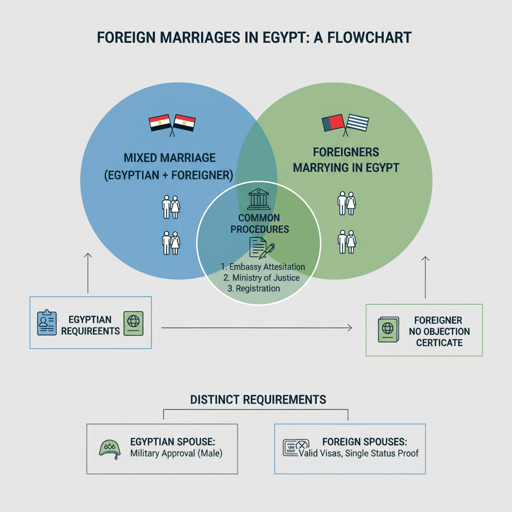 الدليل الشامل: توثيق عقد زواج الأجانب في مصر 2024 3 An infographic-style illustration depicting a clear flowchart or Venn diagram explaining the different types of foreign marriages in Egypt. One circle represents 'Mixed Marriage (Egyptian + Foreigner)' with small icons like an Egyptian flag and another country's flag. Another circle represents 'Foreigners Marrying in Egypt' with two foreign flags. Arrows or overlapping sections can show common procedures or distinct requirements. The design should be clean, modern, and easy to understand, using a palette of professional blues, greens, and grays.