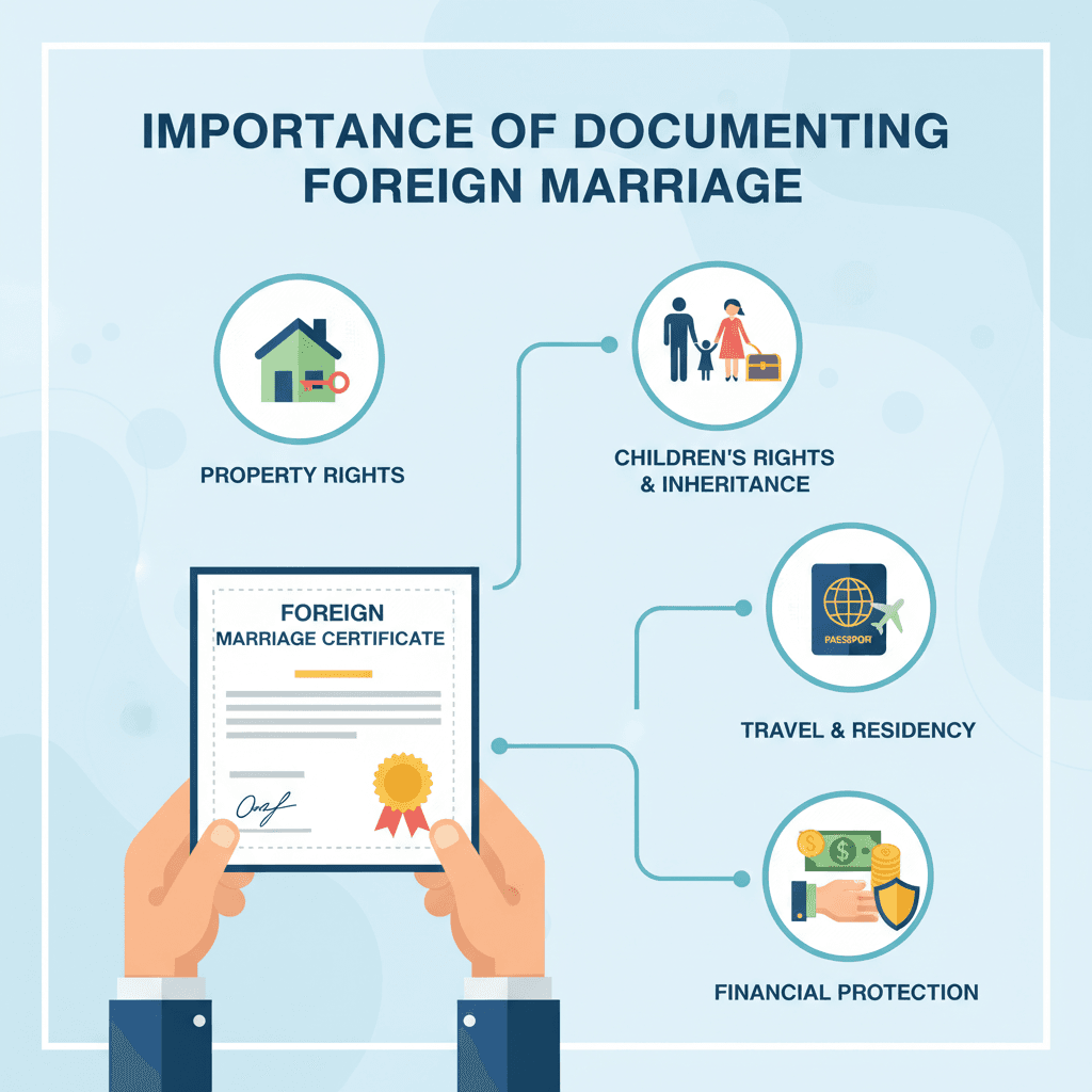 الدليل الشامل: توثيق عقد زواج الأجانب في مصر 2024 4 A detailed flat illustration showcasing the 'Importance of Documenting Foreign Marriage' with various visual metaphors. On one side, hands holding a marriage certificate, from which multiple benefits branch out: a small house icon (Property Rights), a family silhouette (Children's Rights/Inheritance), a passport (Travel/Residency), and a hand reaching for banknotes (Financial Protection). Each icon is distinct and visually explains the benefit. The overall composition is balanced and informative. Style: Flat vector illustration with clear icons.