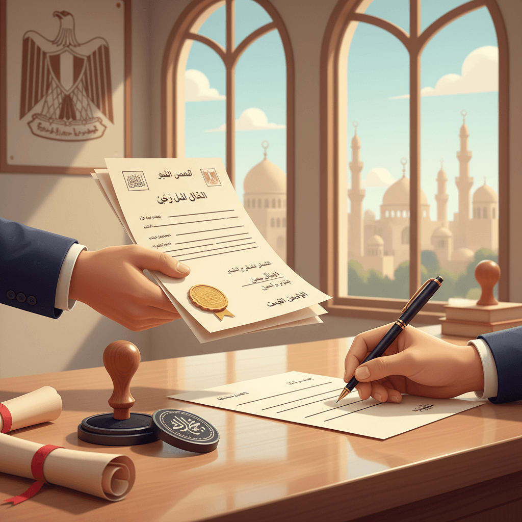 الدليل الشامل: توثيق عقد زواج الأجانب في مصر 2024 5 A scene depicting the bureaucratic process, perhaps a digital illustration of two hands (one possibly representing an official) exchanging documents across a counter in a modern, well-lit office setting. On the counter, there's a stamp, a pen, and official-looking papers with Arabic text. In the background, subtle hints of Egyptian architecture or government building details like a seal or a coat of arms. The focus is on the act of official documentation and interaction. Style: Semi-realistic digital illustration with a clean, professional aesthetic.